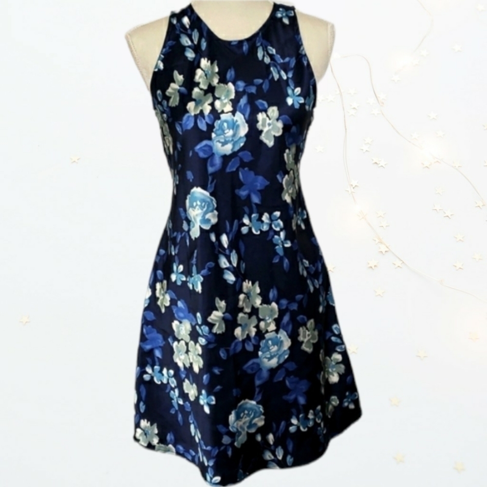Little Summer Dress Polyester Satin Blue Floral Print Cut in Shoulders S/M VGUC